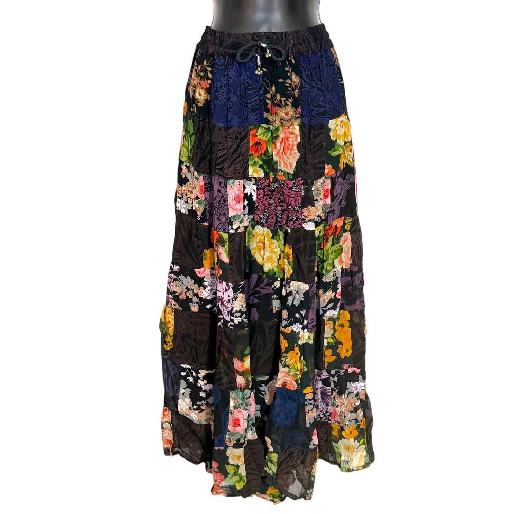 Vtg 100% Rayon Patchwork Floral Maxi Skirt L XL Whimsigoth Fairy Grunge 90s